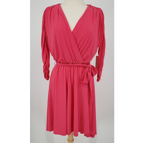 Eliza J Faux Wrap Cocktail Dress 10 Jersey Knit Belted V Neck High Low Hem Pink - Picture 2 of 13